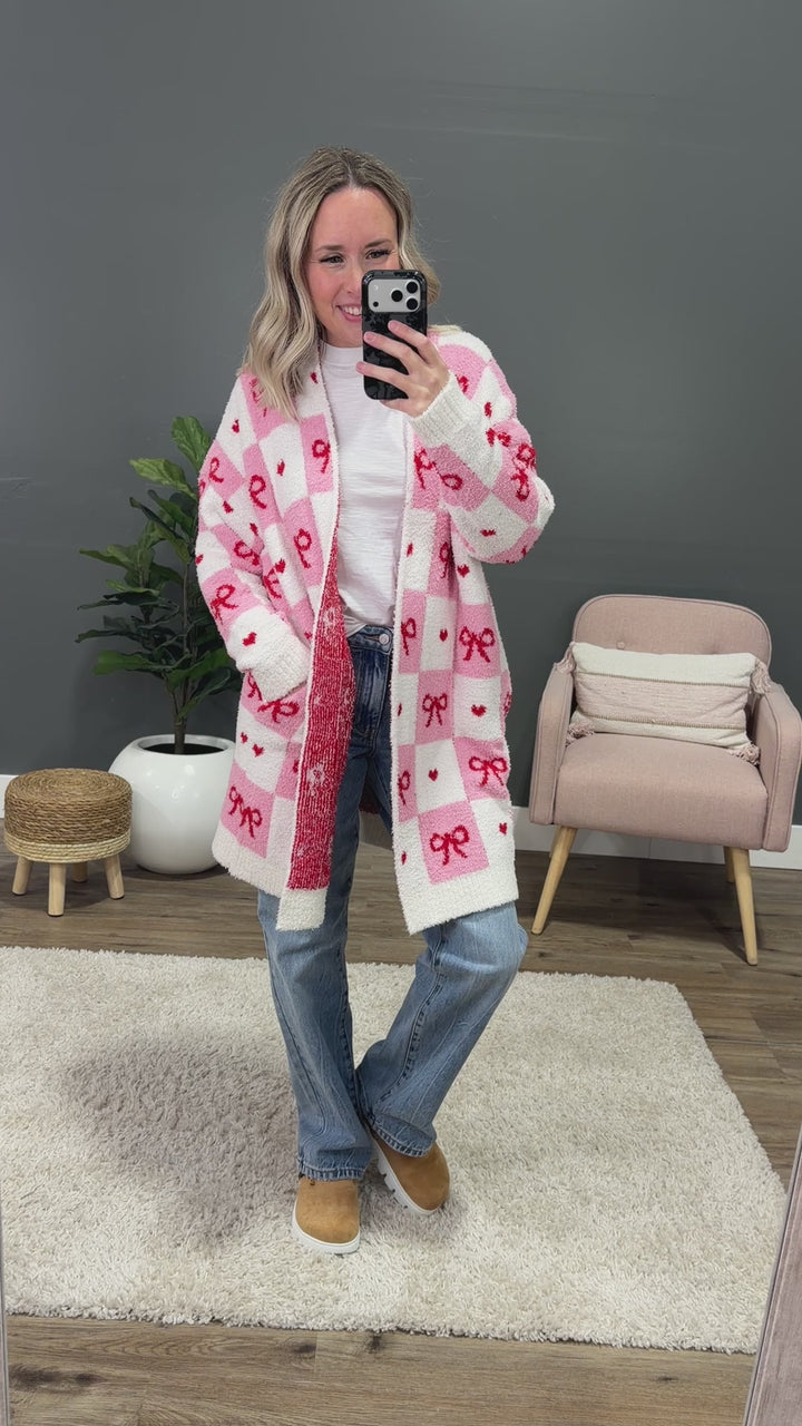 NEW! Valentine's Day Cloud Open Cardigan - Checkered Bows Blakeley