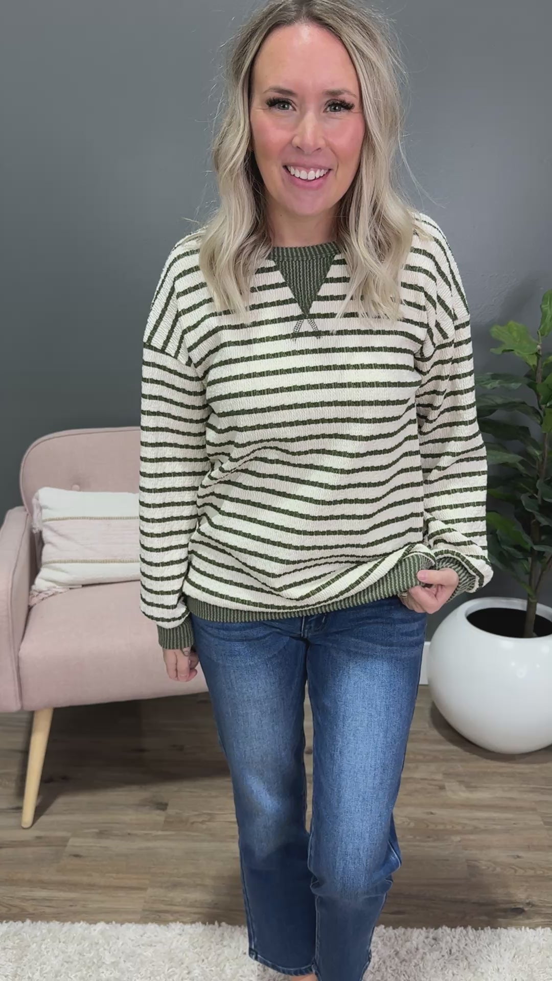 Laurel Striped Textured Knit Top - Olive Heimish