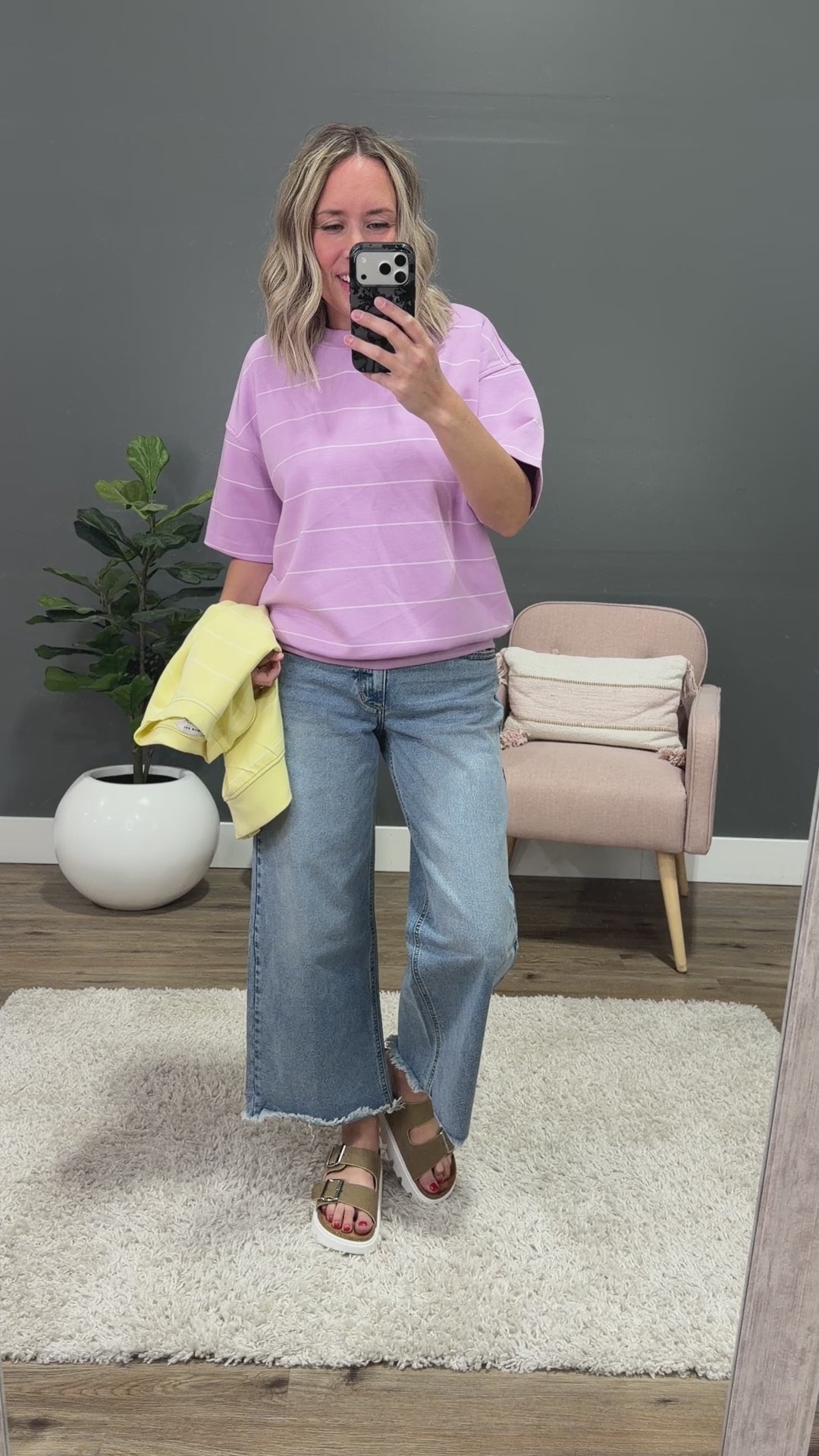 NEW! Macey Scuba Fabric Striped Top - Lemon & Cream