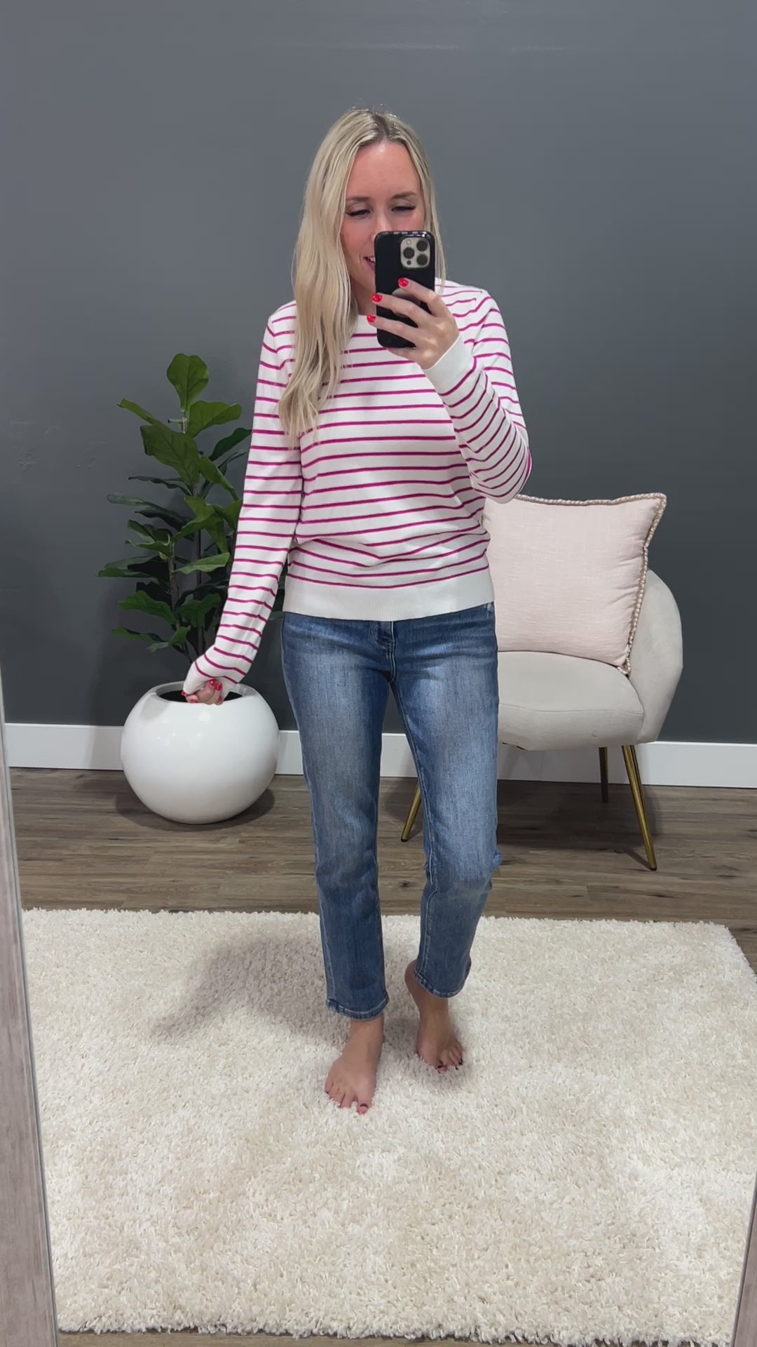 Camila Striped Crewneck Sweater - Hot Pink Staccato