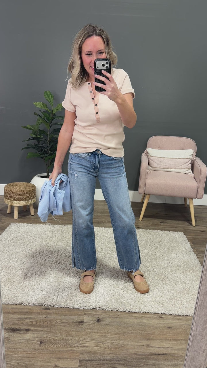 NEW! Amara Ribbed Knit V Neck Henley Top - Sky Blue