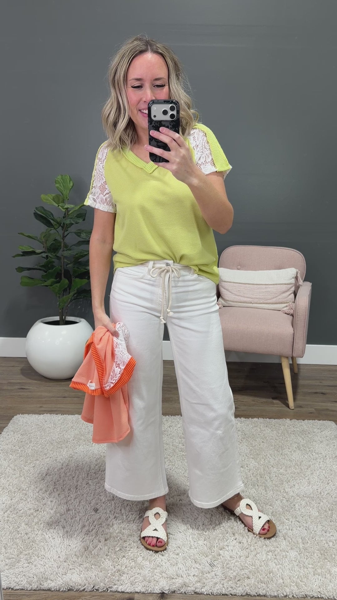 Angelica V Neck Waffle & Lace Top - Lime Lovely Melody