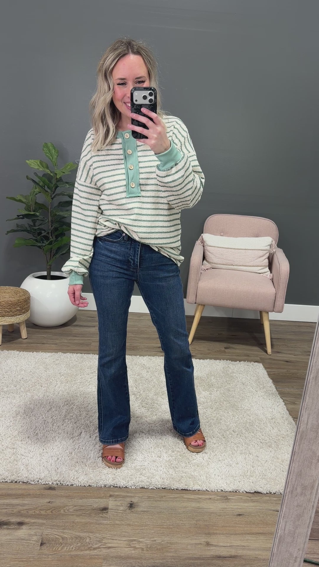 NEW! Katherine Textured Striped Henley Top - Sage Lovely Melody