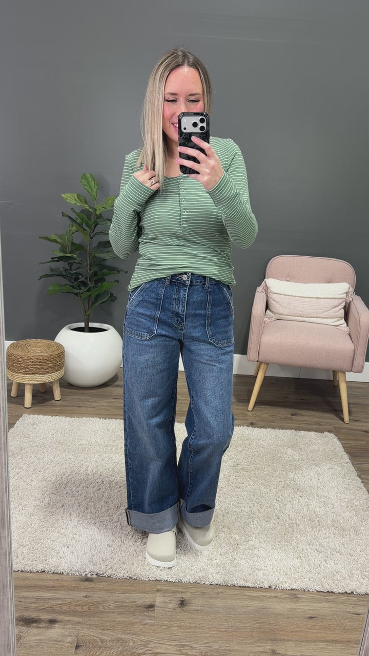 NEW! Dawn Striped Henley Long Sleeve Top - Fern
