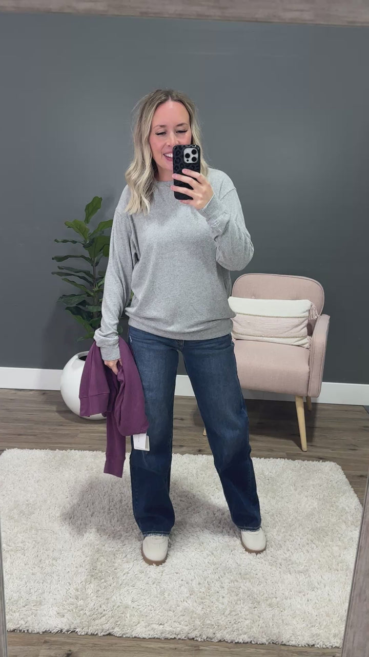 Mia Ribbed Crewneck Top - Light Gray Michelle Mae