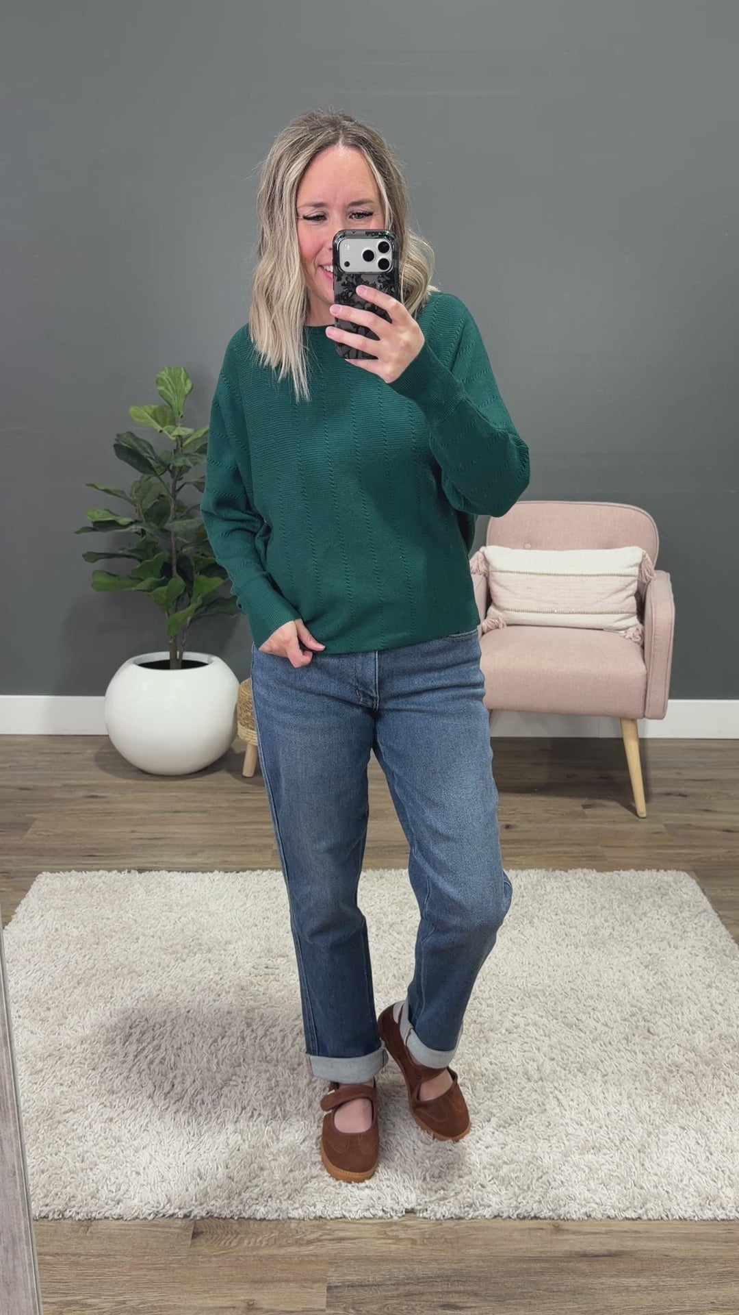 NEW! Adalyn Dolman Sleeve Textured Sweater - Forest Staccato