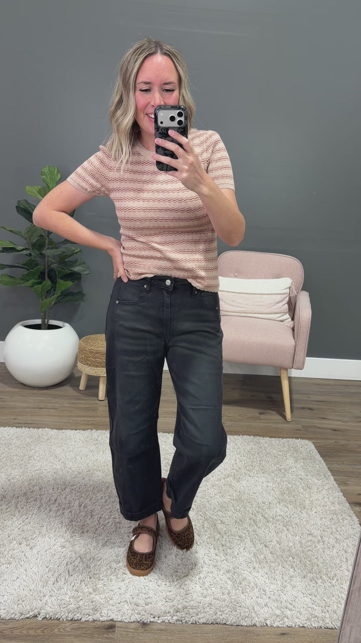NEW! Wrenley Textured Striped Short Sleeve Sweater - Tan Be Cool