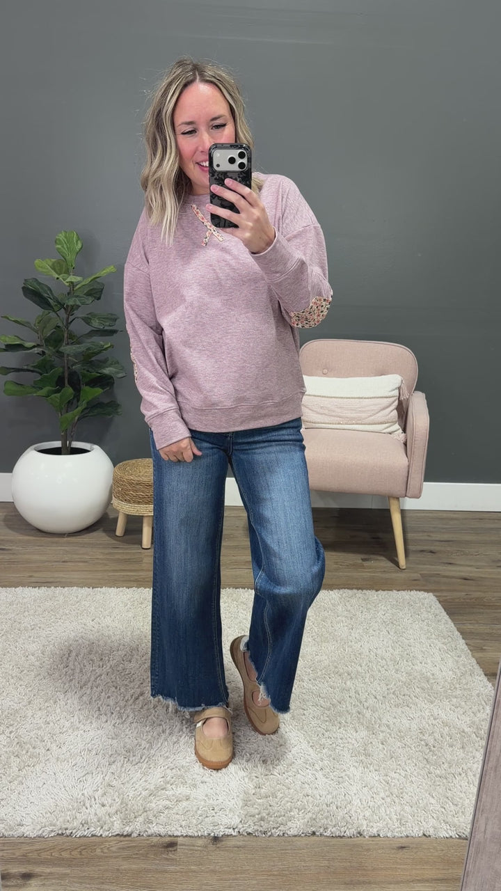 NEW! Laurel Elbow Patch Brushed Top - Dusty Lavender Staccato