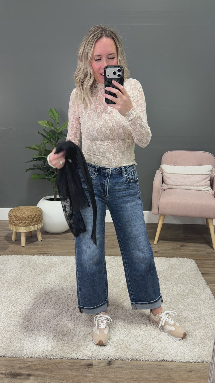 NEW! Aubrey Long Sleeve Lace Top - Black Stripe Very J