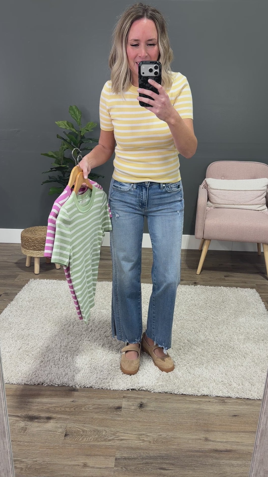 NEW! Delaney Striped Short Sleeve Sweater Top - Lime Be Cool