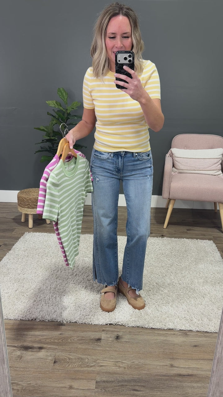 NEW! Delaney Striped Short Sleeve Sweater Top - Lime Be Cool
