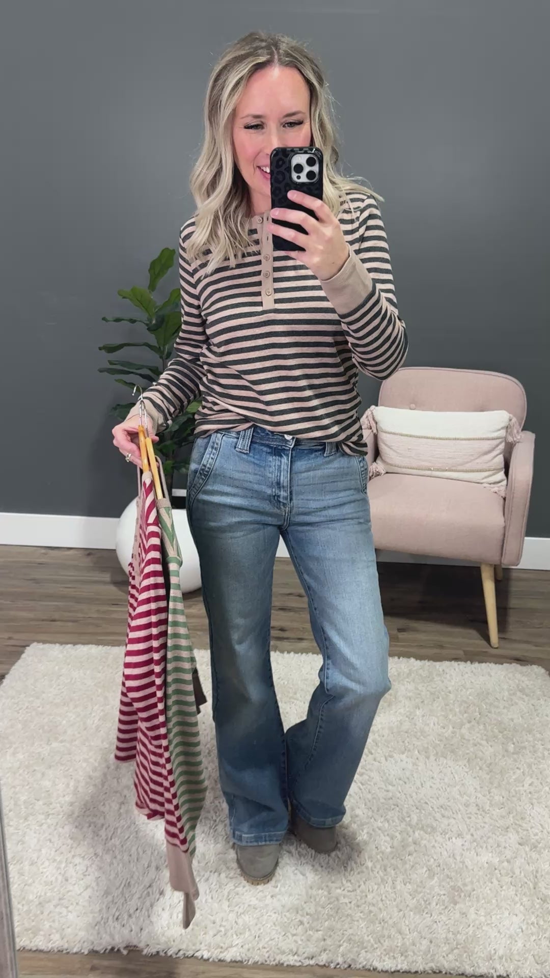 Claudia Striped Henley Top - Sage Staccato