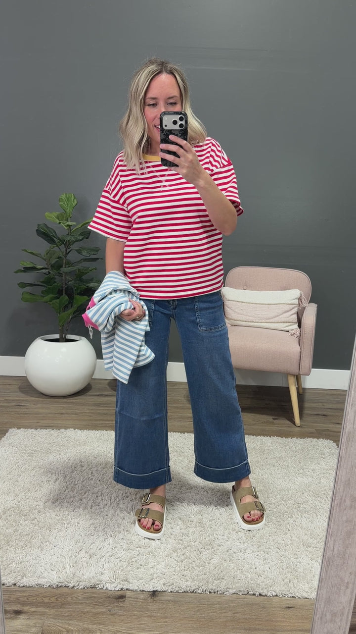 NEW! Ellie Contrast Striped Top - Sky Blue & Pink