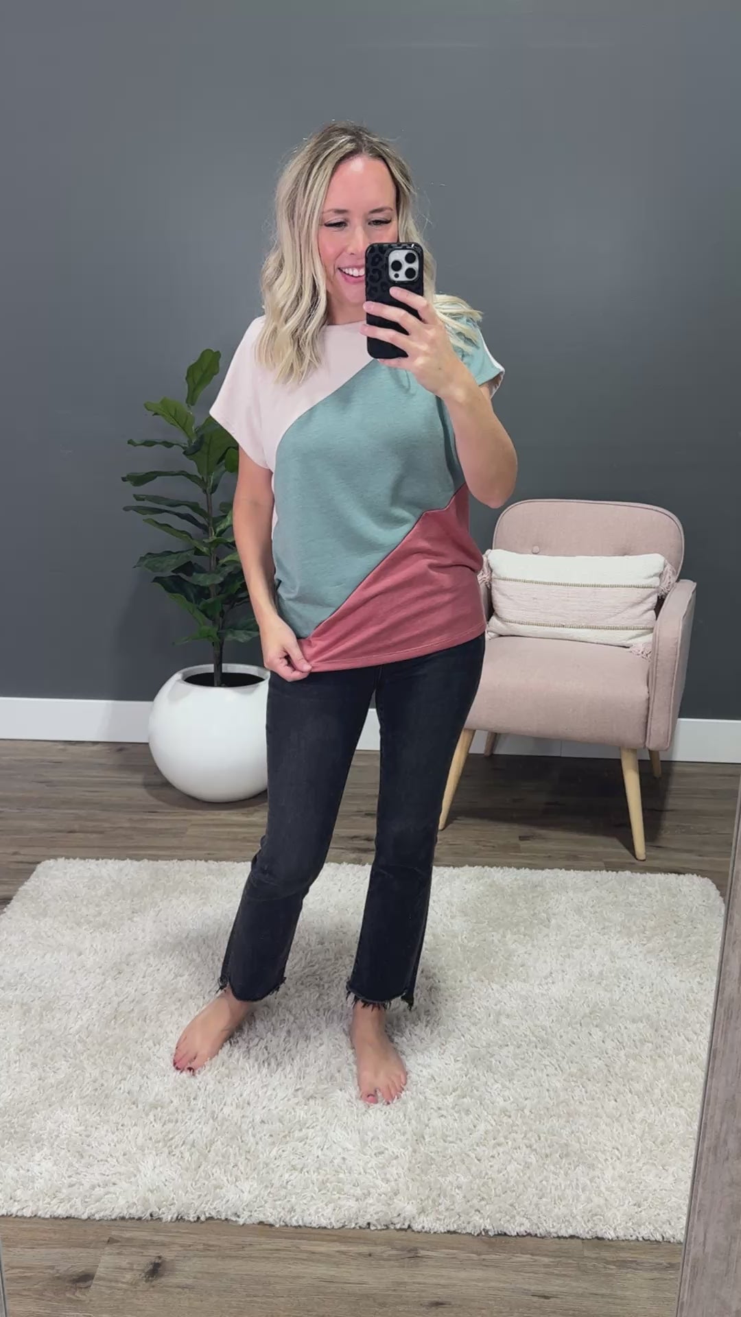 Elaine Color Block Top - Olive & Rust Staccato