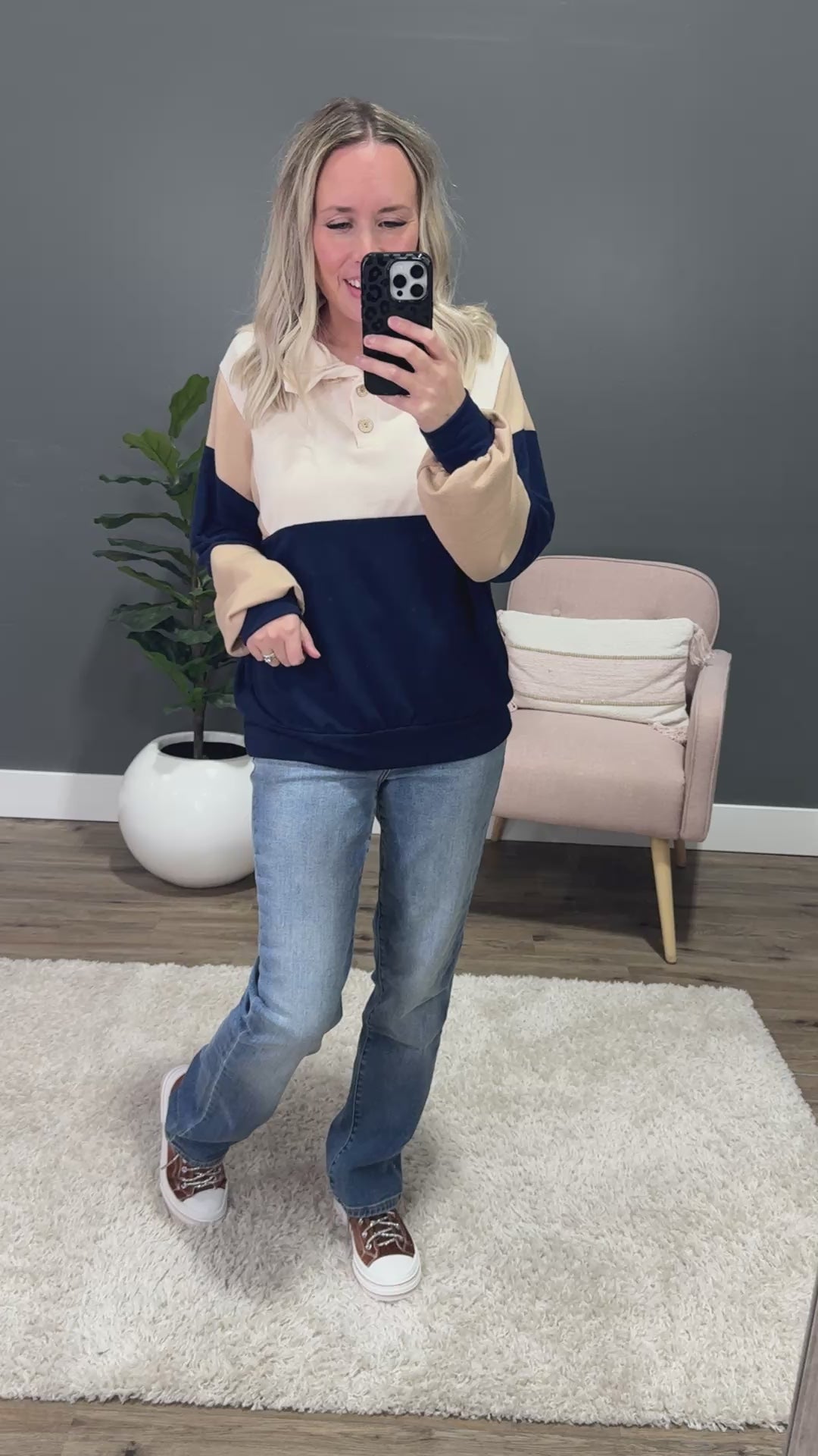 Izzy Color Block Henley Pullover - Navy, Taupe & Ivory Lovely Melody