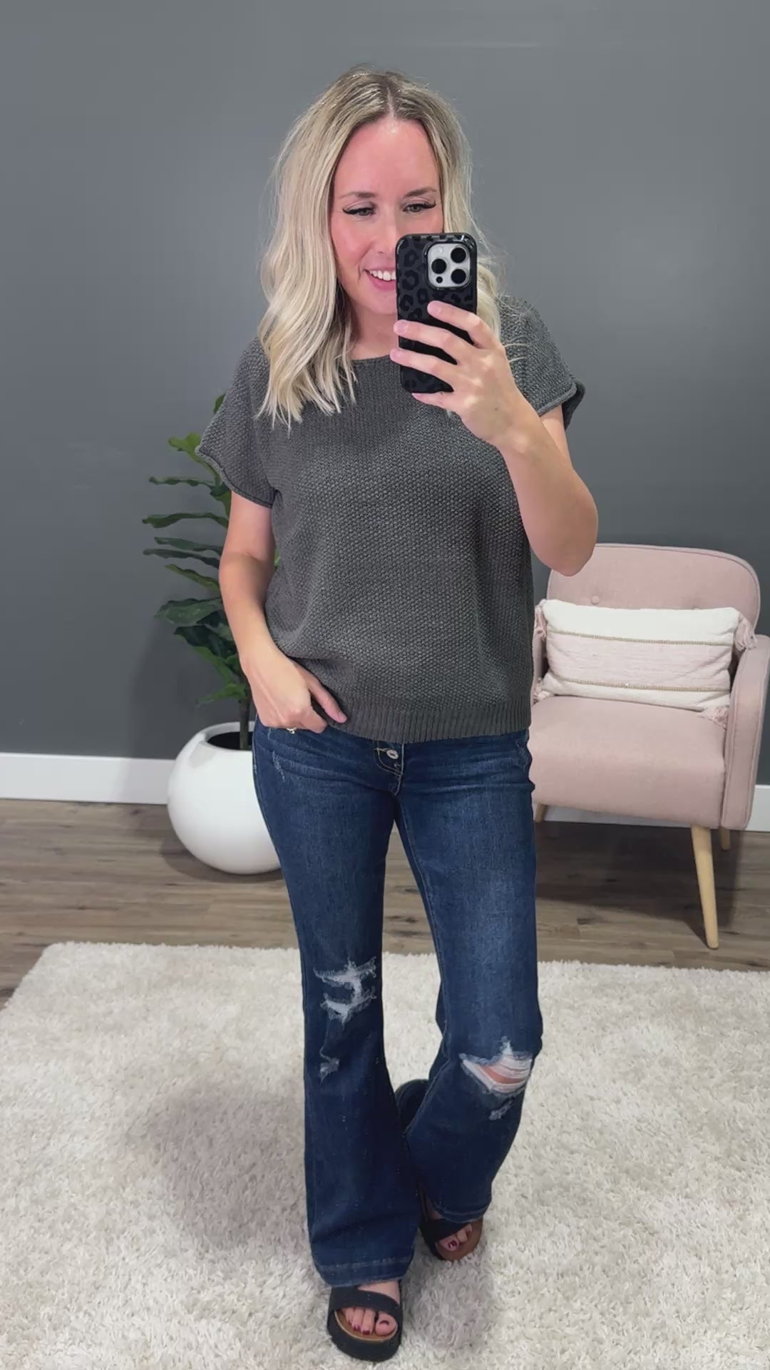 Raquel Open Weave Short Sleeve Sweater - Gun Metal Staccato