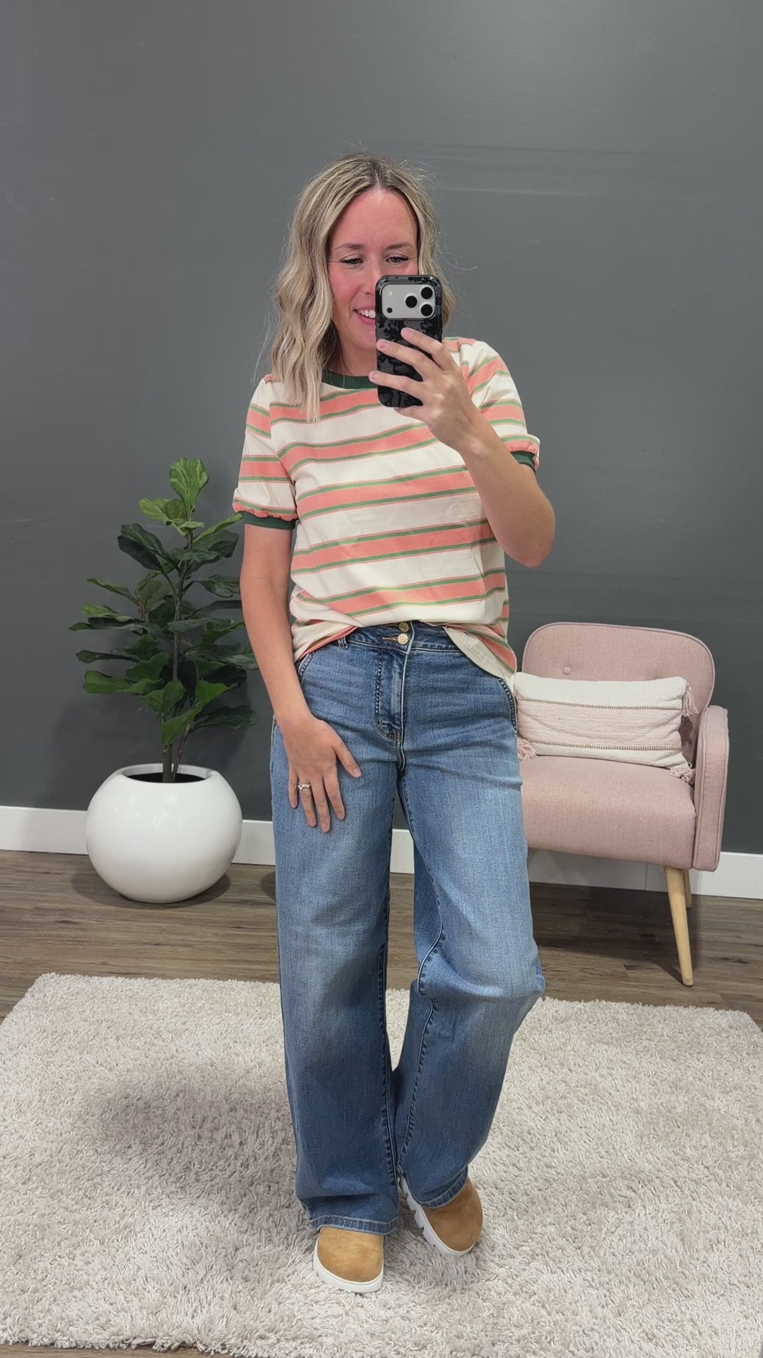 NEW! Shauna Contrast Striped Top - Coral & Olive
