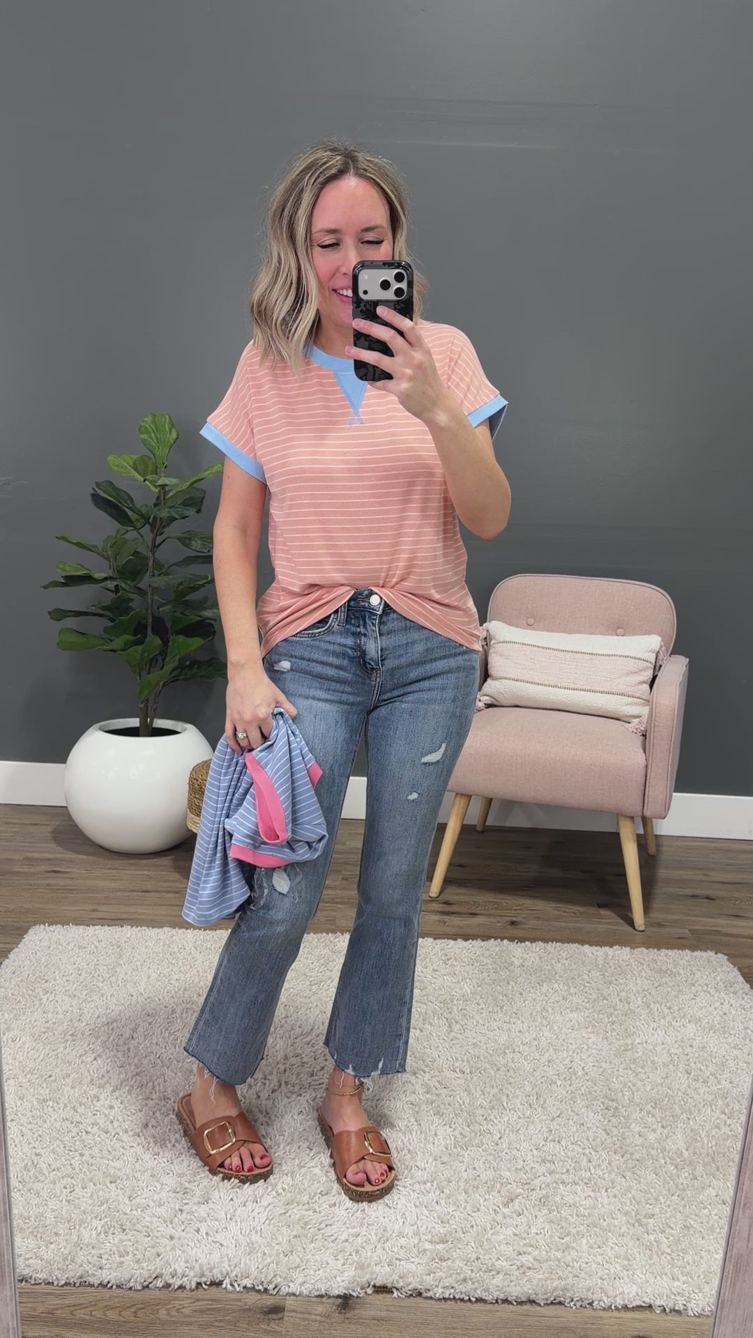 Izzy Striped Knit Top - Slate & Pink Staccato