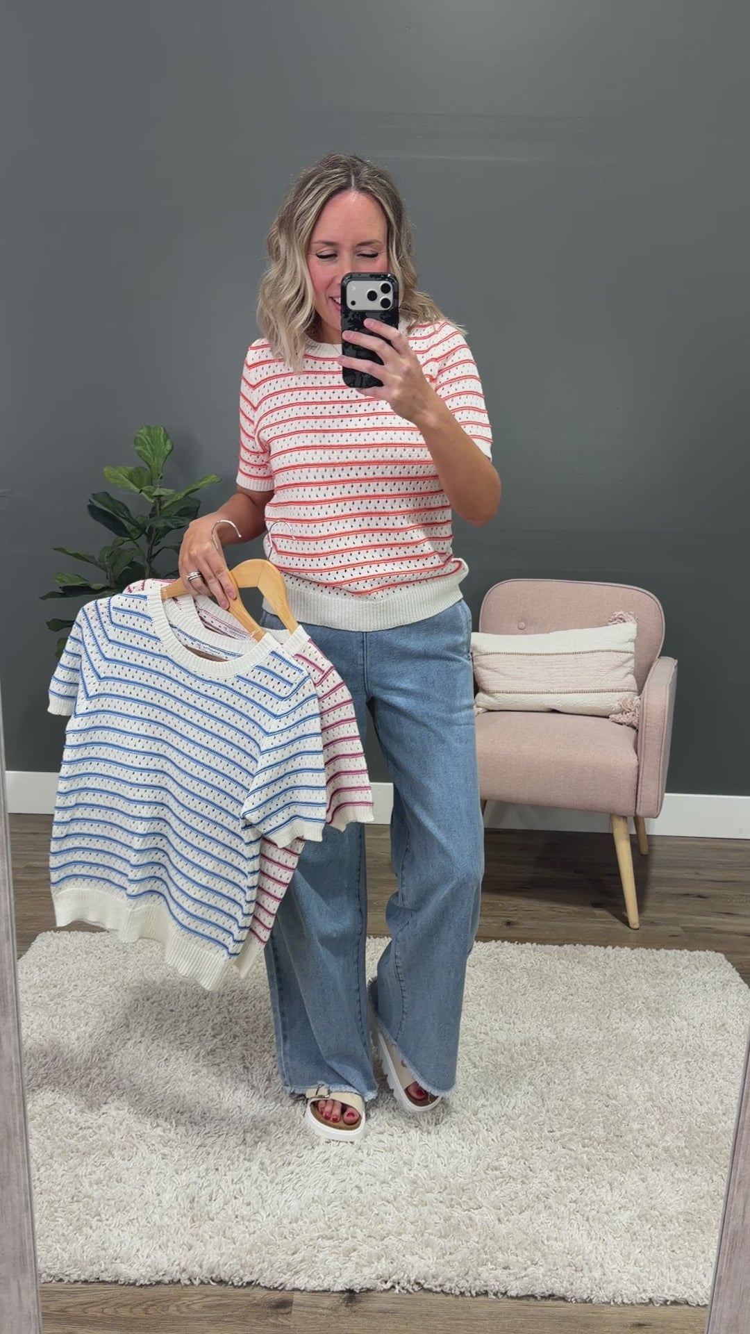 Kaitlyn Open Knit Striped Sweater Top - Blue Staccato