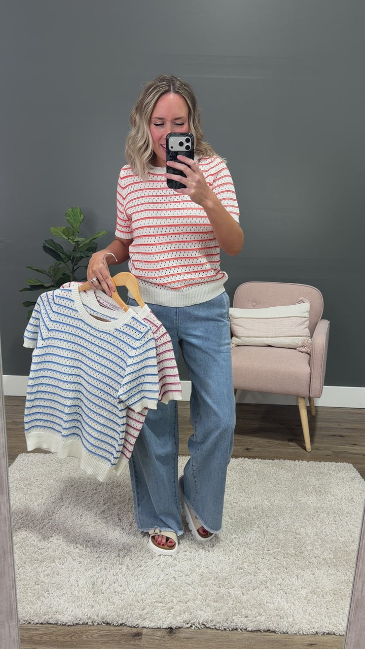 Kaitlyn Open Knit Striped Sweater Top - Blue Staccato
