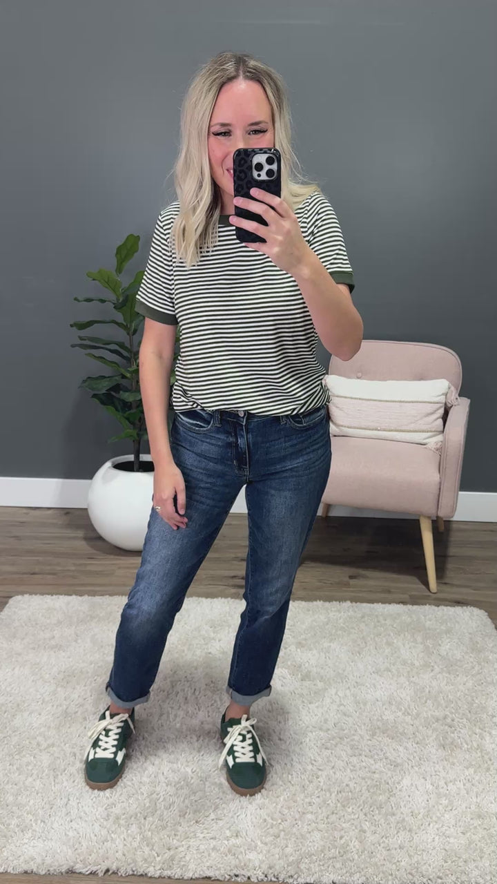 Meredith Striped Crewneck Top - Olive Staccato