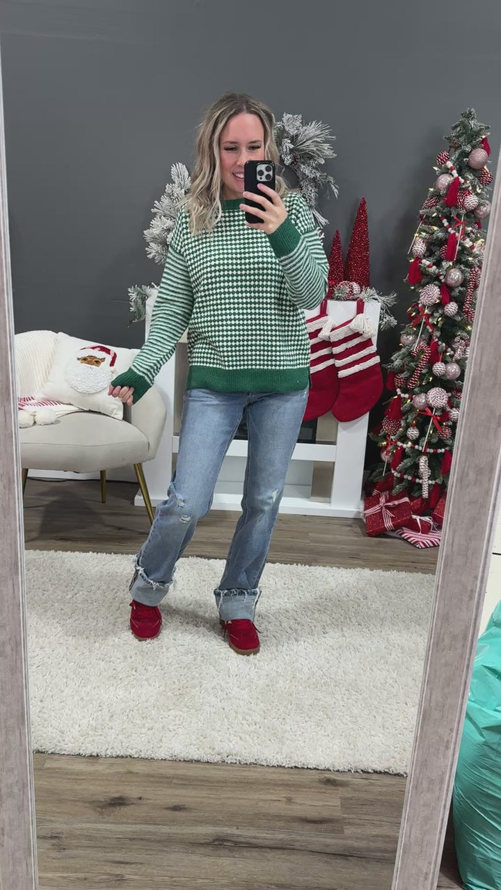 NEW! Home for the Holidays Contrast Pattern Sweater - Green Staccato