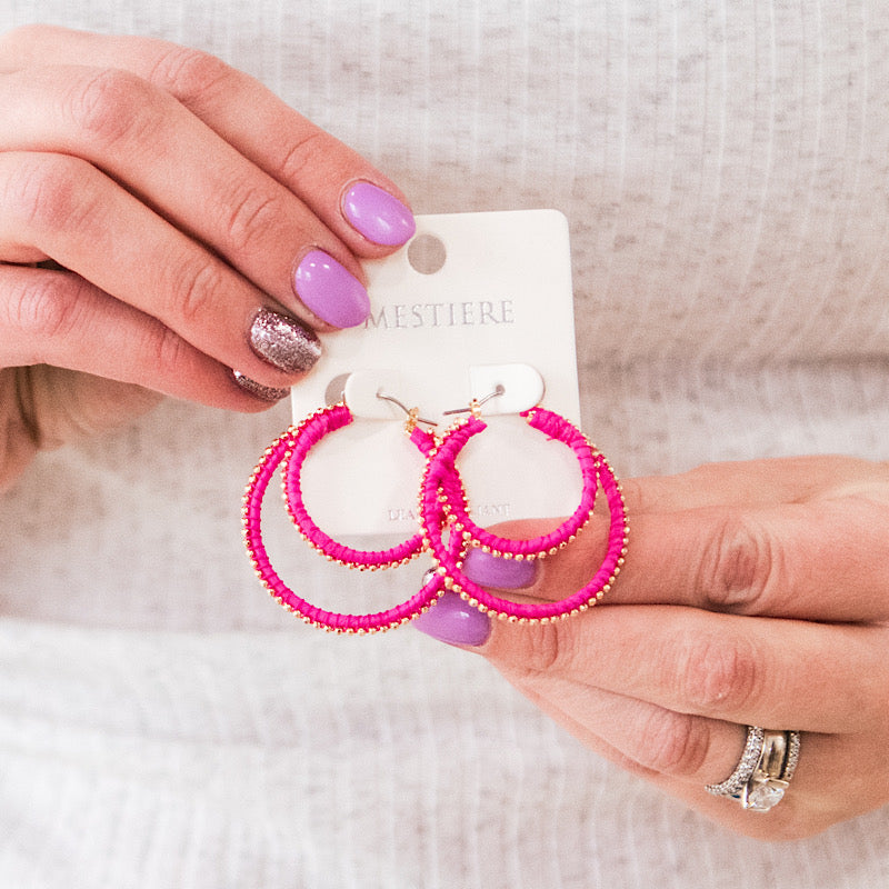 Double Hoop Wrapped Earrings - Hot Pink  Trendy Wholesale   